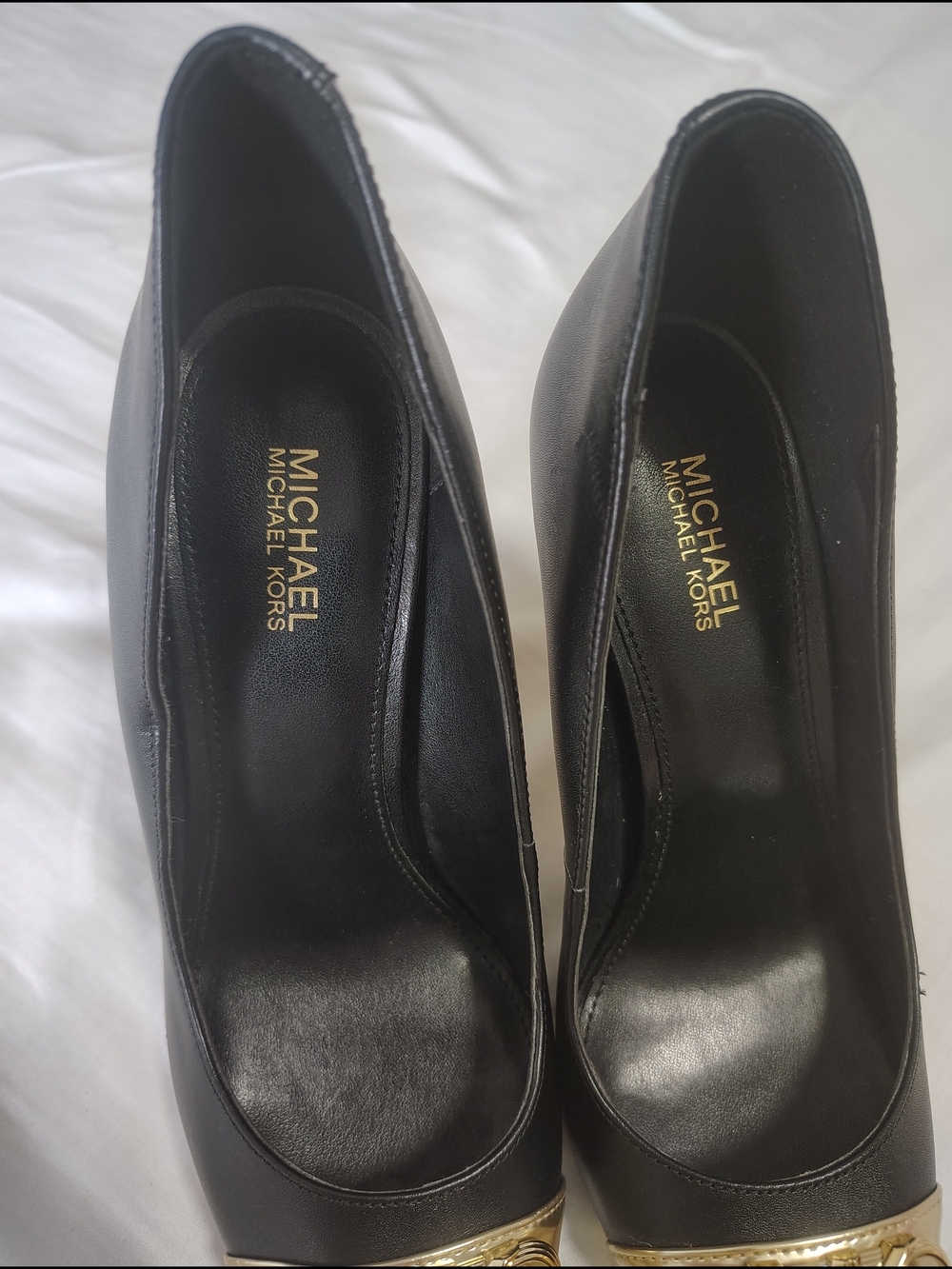 Michael Kors Black Leather Pointed Toe Pumps with Gold Caps - Picture 4 of 15